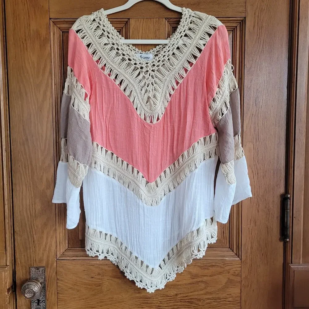 Arianna Coral White Crochet Poncho Top Fringe Boho Beach Cover Up S/M Festival - Picture 2 of 10